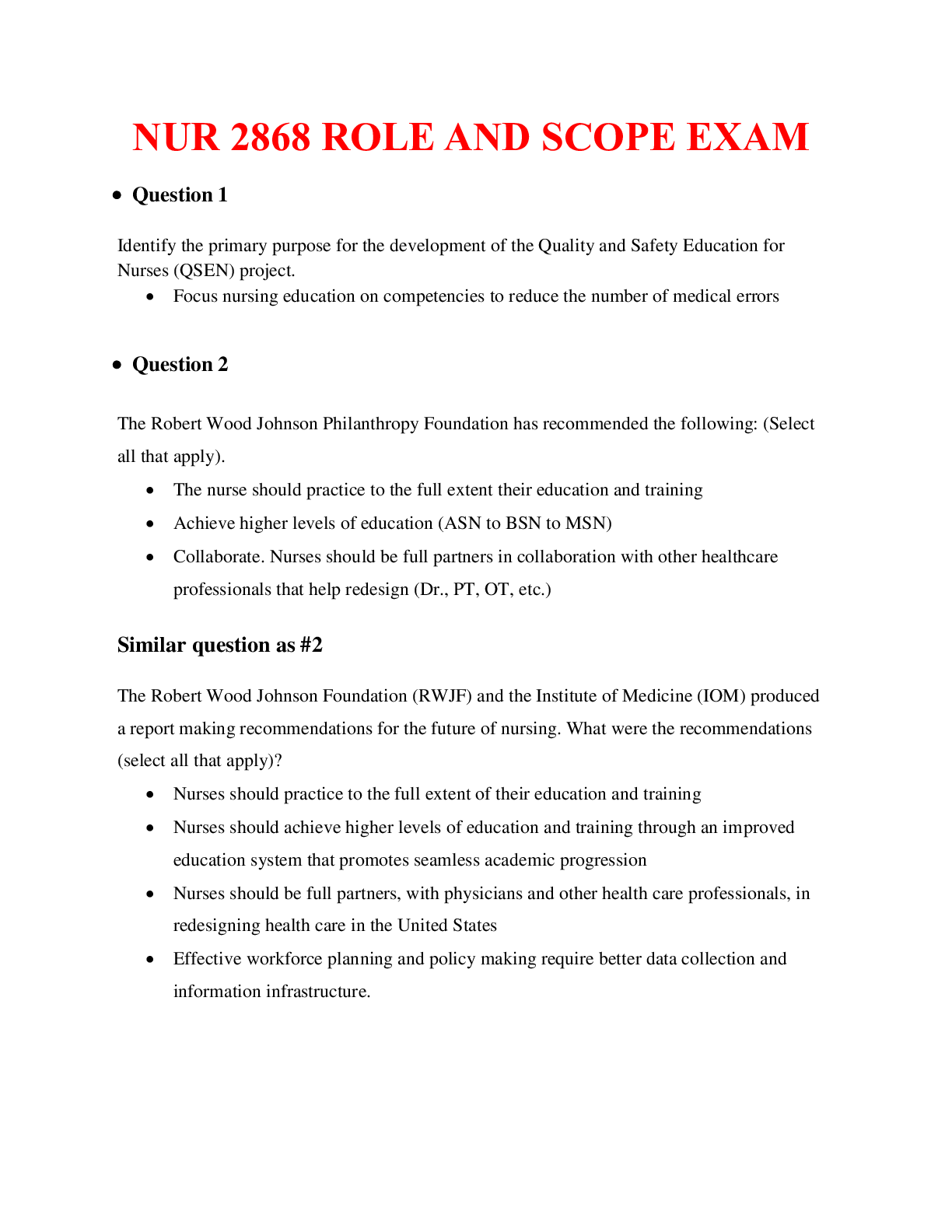 Preview image of NUR 2868 ROLE AND SCOPE EXAM (solution) & Notes, Latest 2020. document